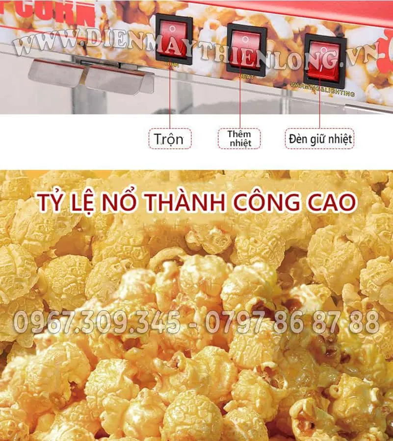 Nồi nổ của máy làm bắp rang bơ đang hoạt động, đảo đều nguyên liệu để bắp bung nở hoàn hảo