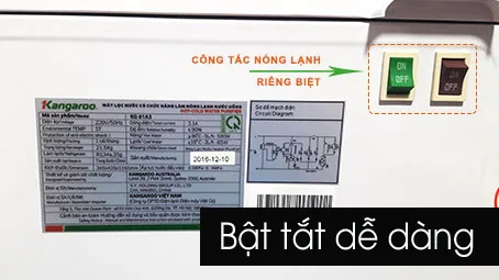 Mặt sau của máy lọc nước Kangaroo KG61A3 hiển thị hai công tắc bật tắt chức năng nóng lạnh