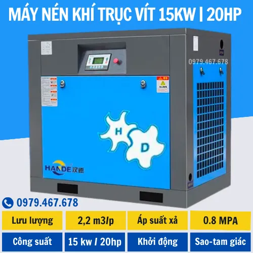 Máy nén khí trục vít 15kw Hande HD-15 với thiết kế chắc chắn, màu xanh đặc trưng