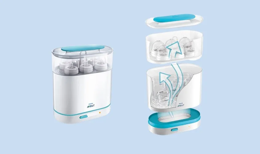 Máy tiệt trùng bình sữa Avent sử dụng công nghệ hơi nước tự nhiên đảm bảo vệ sinh bình sữa.