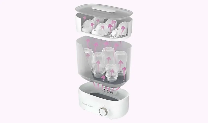 Hướng dẫn xếp bình sữa và phụ kiện vào máy tiệt trùng bình sữa Avent đúng cách.