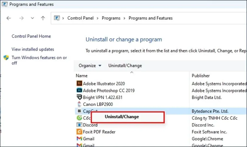 Thực hiện gỡ cài đặt phần mềm để sửa lỗi đơ máy tính