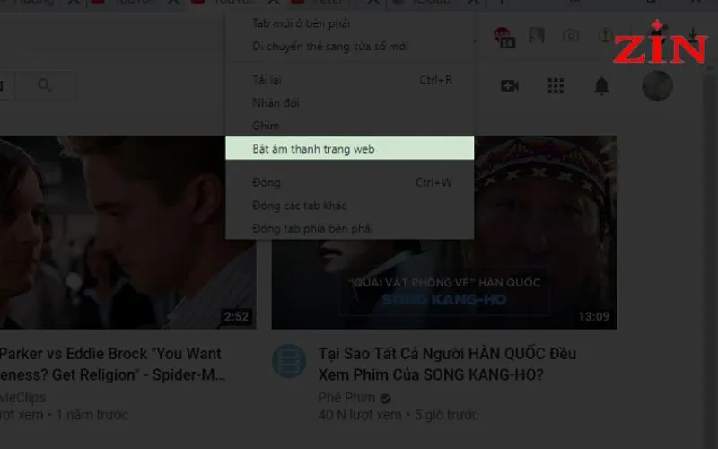 Trước tiên, bạn hãy nhấp chuột phải và chọn Bật âm thanh trang web