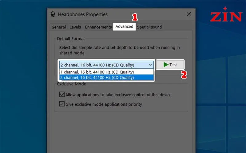 Hộp thoại “Headphones Properties” xuất hiện &gt; Chọn vào tab “Advanced”