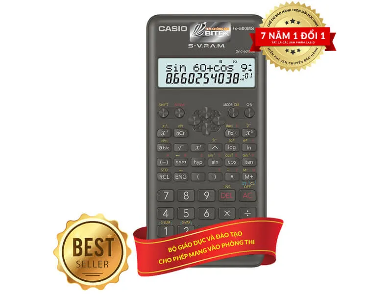 Máy tính Casio FX-500MS hiển thị các phím chức năng và màn hình hai dòng, minh họa cách sử dụng máy tính fx500ms trong học tập