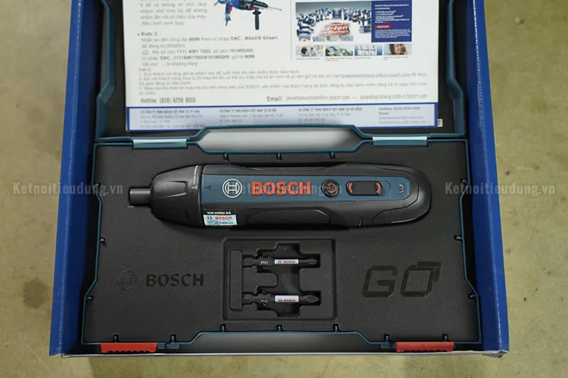 Hộp máy vặn vít Bosch Go Gen 2 và phụ kiện đi kèm, có chữ &quot;Bảo hành chính hãng 6 tháng&quot;