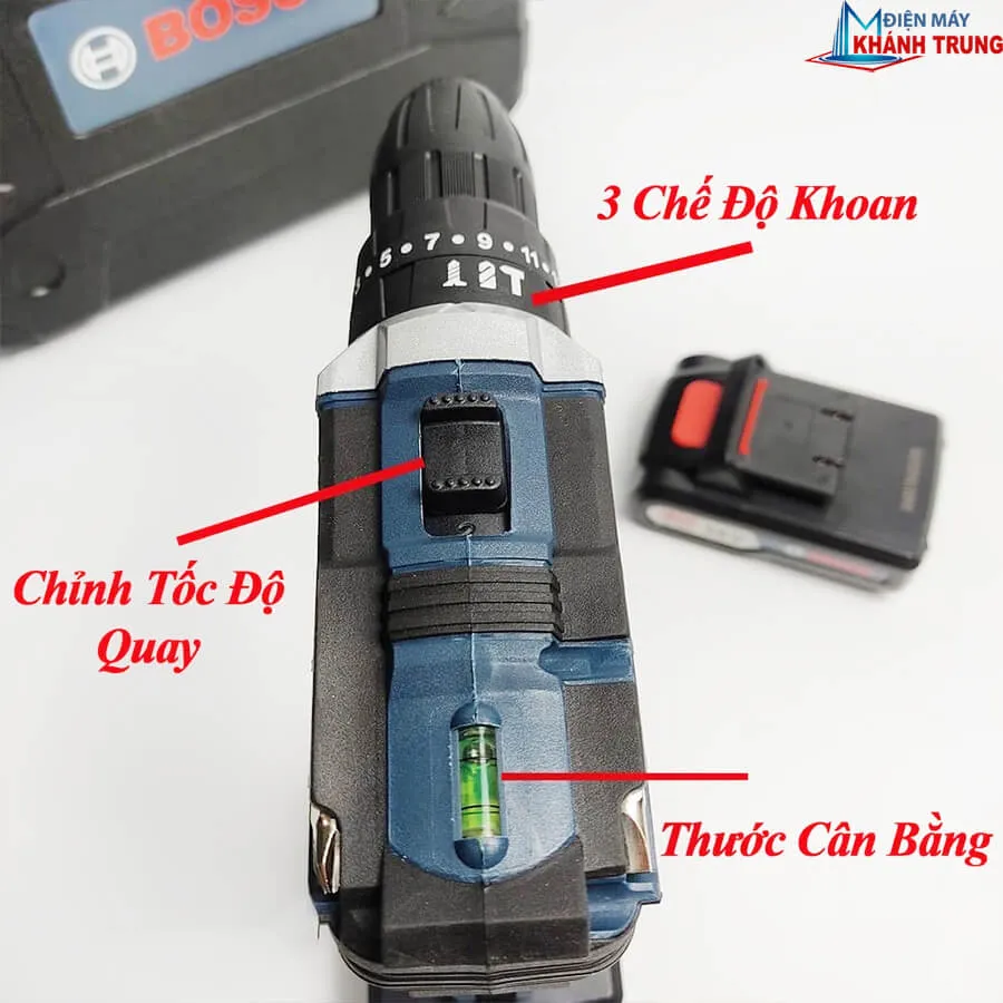 Các chế độ khoan, vặn vít và nút điều chỉnh tốc độ của máy bắn vít Bosch dùng pin