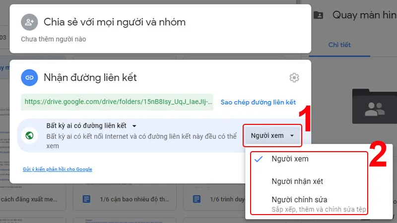 Tùy chọn quyền truy cập khi chia sẻ tệp trên Google Drive bằng máy tính