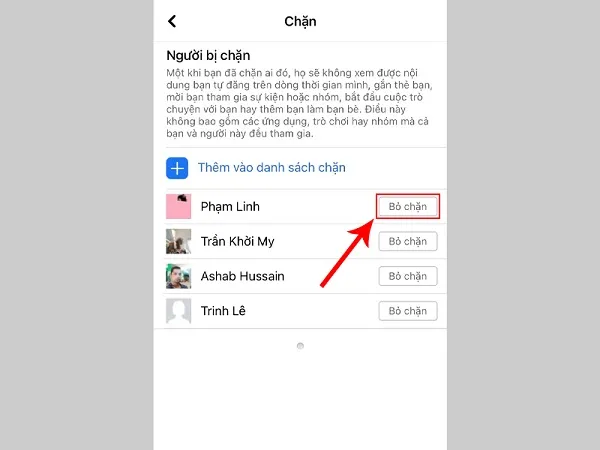 Nhấn vào BỎ CHẶN bên cạnh tài khoản muốn bỏ chặn trên điện thoại