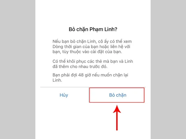 Xác nhận lại thao tác bỏ chặn trên ứng dụng Facebook