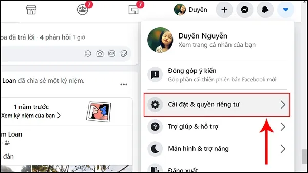 Chọn CÀI ĐẶT &amp; QUYỀN RIÊNG TƯ trong menu