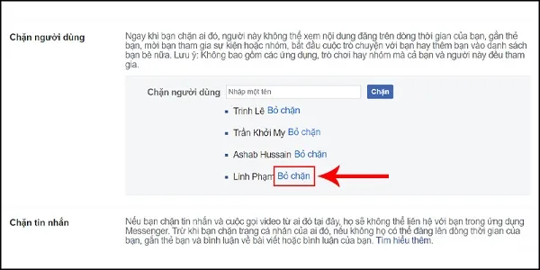 Nhấp vào BỎ CHẶN bên cạnh tên người bạn muốn bỏ chặn