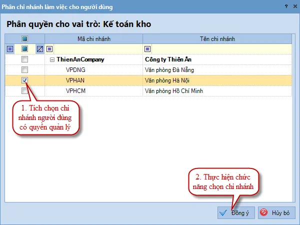 Phân quyền chi nhánh và vai trò cho người dùng trong MISA 2017