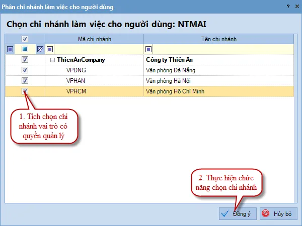 Gán người dùng vào vai trò và phân quyền chi nhánh trong MISA 2017