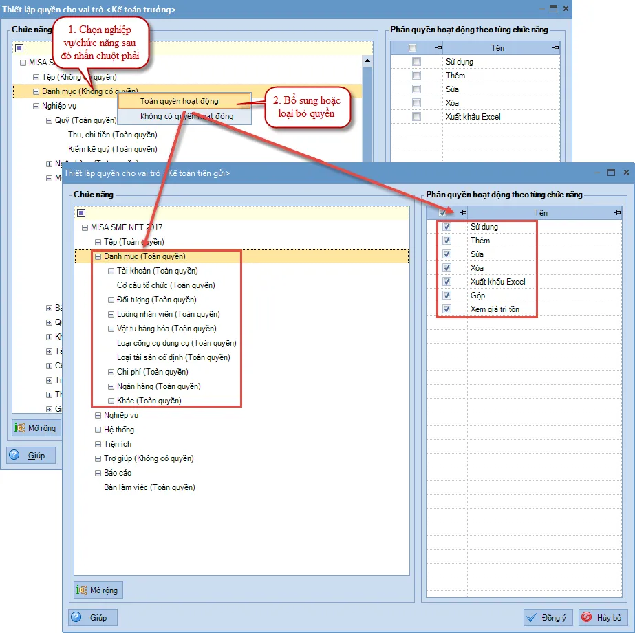 Thiết lập quyền hạn chi tiết cho vai trò trong MISA 2017