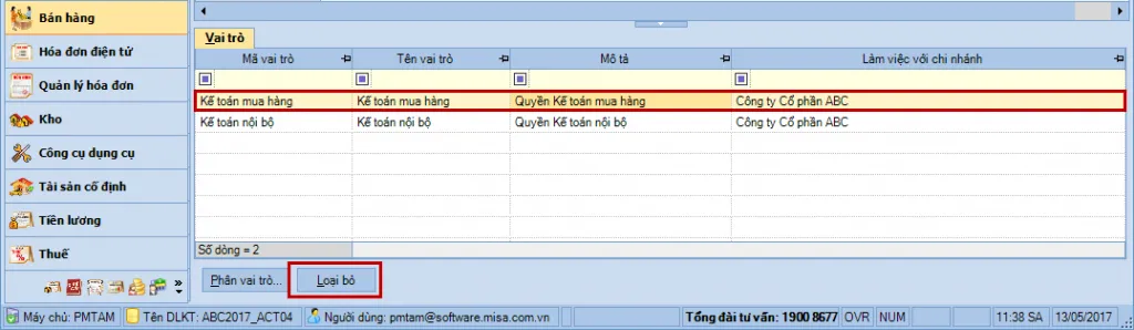 Loại bỏ vai trò cũ của nhân viên trong MISA 2017