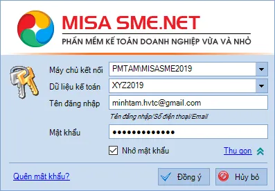 Mở dữ liệu kế toán MISA 2017 với thông tin khai báo máy chủ và tài khoản