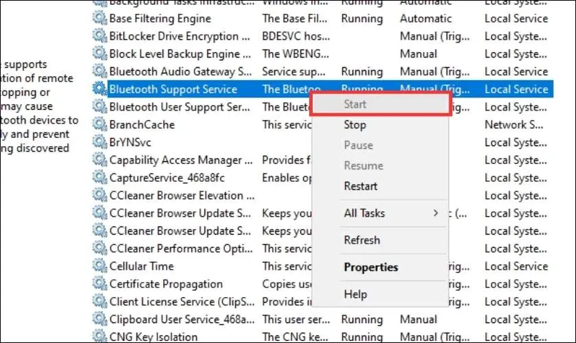 Khởi động lại Bluetooth Support Service để sửa lỗi kết nối trên Win 8.