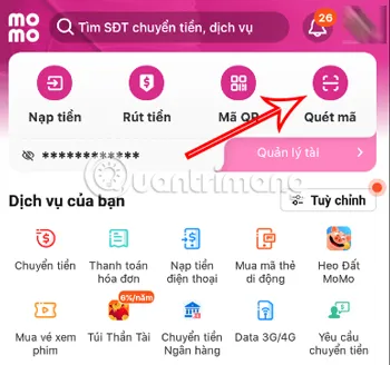 Chọn tính năng quét mã QR trong ứng dụng MoMo trên máy tính để thực hiện thanh toán
