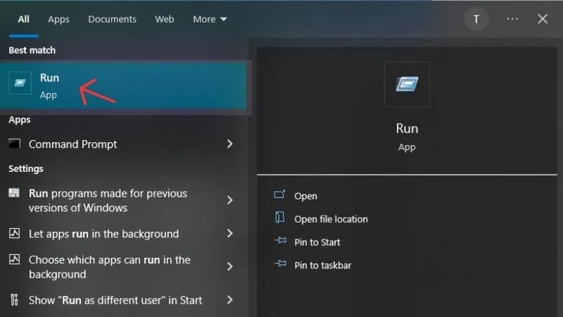Mở hộp thoại Run qua menu Start, cần thiết cho việc truy cập Device Manager để cập nhật driver khi bàn phím máy tính không gõ được.
