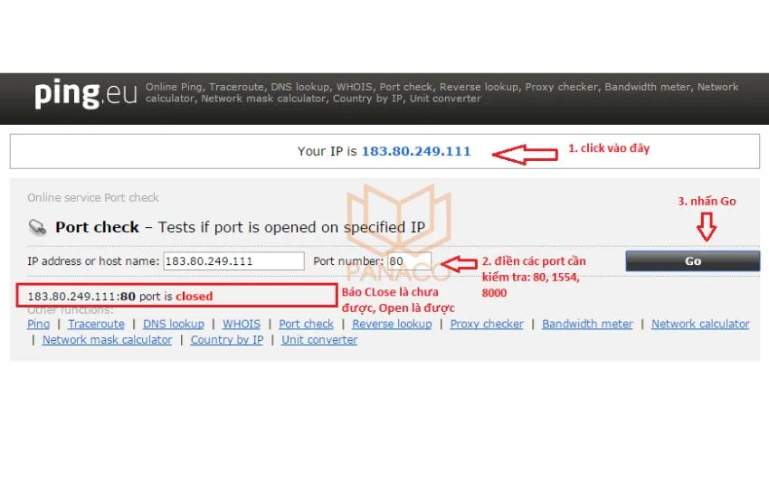 Kiểm tra các port đã mở trên ping.eu