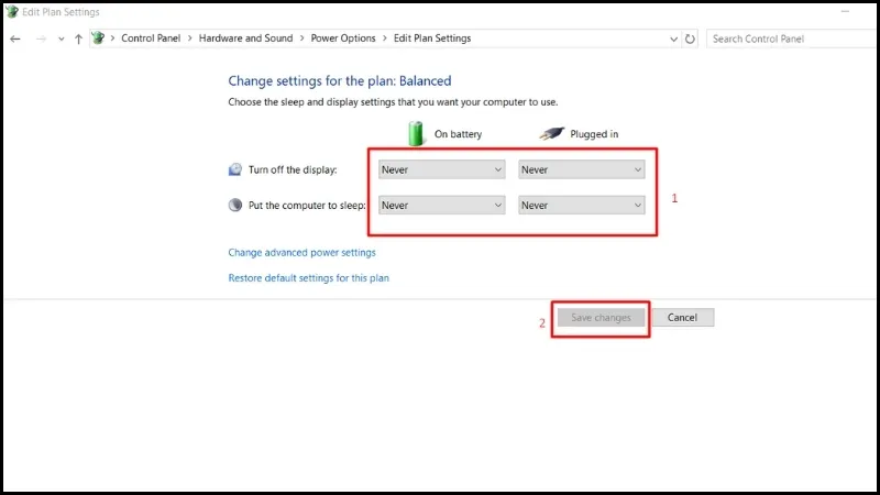 Thiết lập chế độ tự động Sleep sang &quot;Never&quot; để lapop đóng máy vânc mở