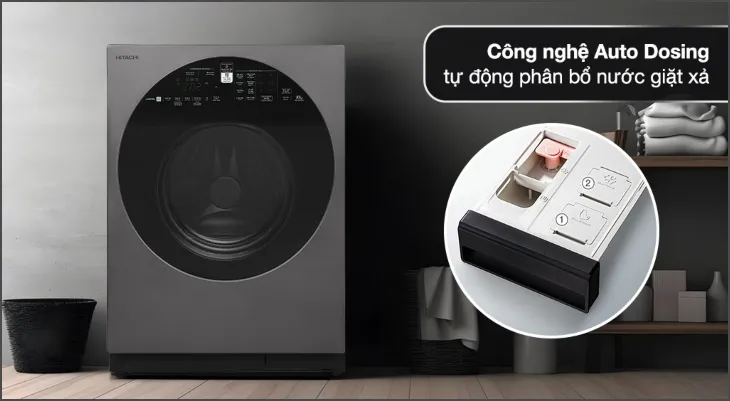 Ngăn chứa bột giặt và nước xả của máy giặt Hitachi Inverter 10 kg BD-100XGV MAG, minh họa cách thêm chất tẩy rửa đúng cách.