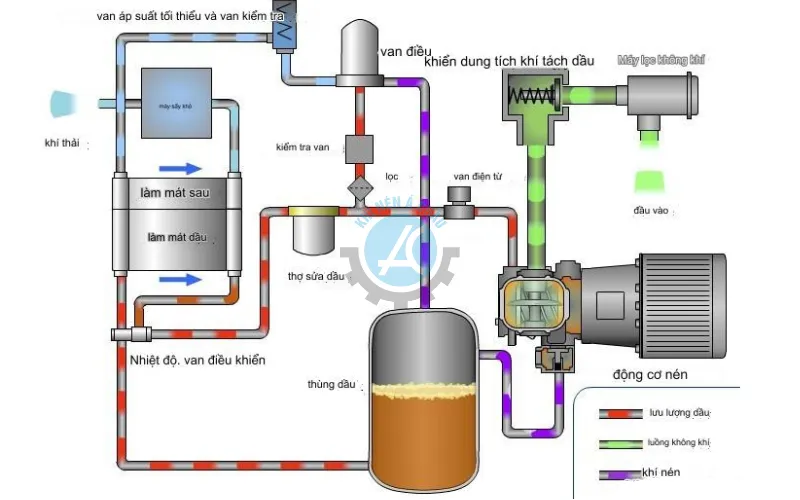 Minh họa nguyên lý hoạt động và cấu tạo của máy nén khí trục vít có dầu