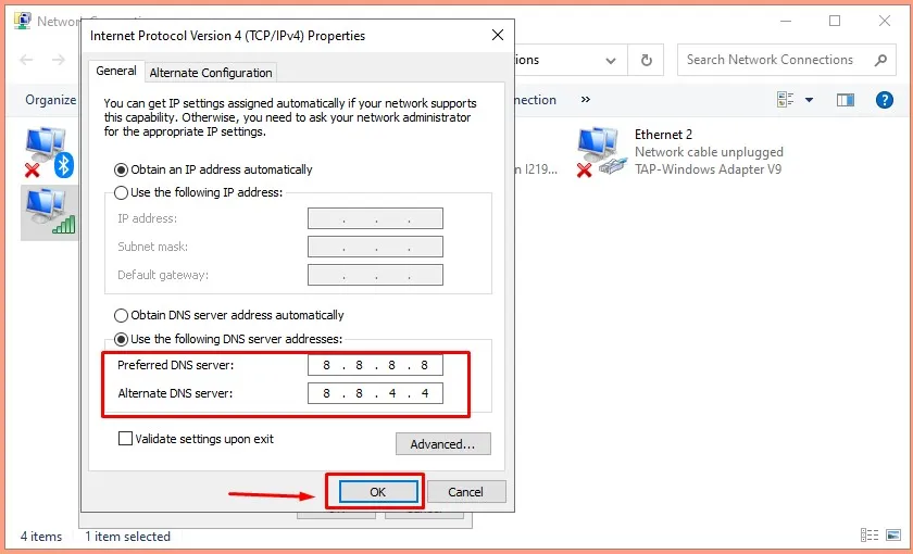 Giao diện cài đặt Internet Protocol Version 4, hiển thị các trường điền địa chỉ DNS để khắc phục lỗi Wattpad trên máy tính.