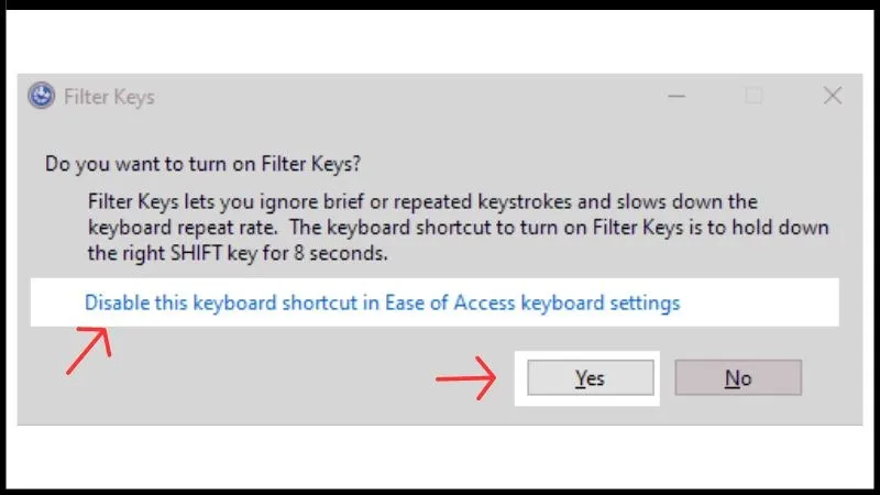 Chọn liên kết để tắt Filter Keys trong cài đặt Ease of Access, giải pháp nhanh chóng khi bàn phím máy tính không gõ được.