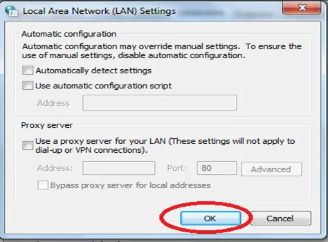 Bỏ chọn các tùy chọn proxy thủ công và bật tự động phát hiện cài đặt mạng