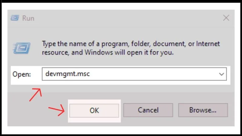 Nhập lệnh 'devmgmt.msc' vào hộp thoại Run để mở Device Manager, một bước quan trọng để sửa lỗi bàn phím máy tính không gõ được.