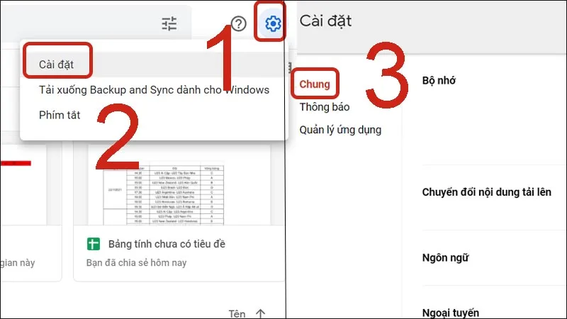 Truy cập cài đặt chung để kích hoạt chế độ ngoại tuyến cho Google Drive trên máy tính