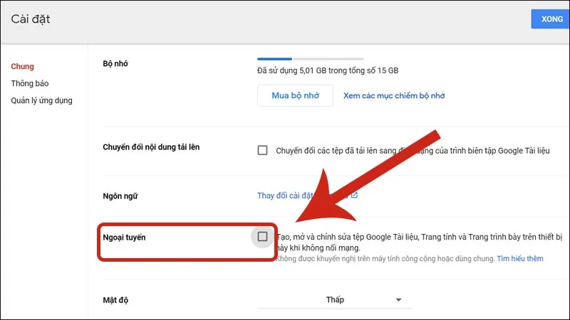 Kích hoạt tính năng làm việc ngoại tuyến trong cài đặt Google Drive trên máy tính