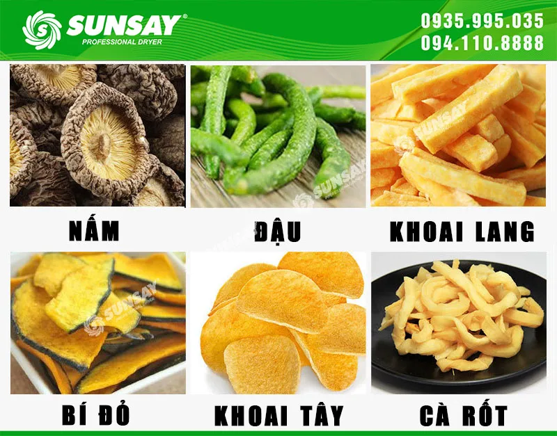 Các loại nông sản khô giòn được chế biến bằng công nghệ chiên chân không SUNSAY, một phương pháp khác biệt với cách sử dụng máy sấy hoa quả truyền thống