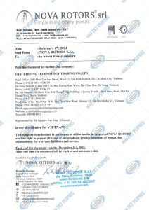 Thư ủy quyền phân phối của Nova Rotors, khẳng định vị thế đối tác tin cậy cho sản phẩm bơm trục vít Nova Rotors.