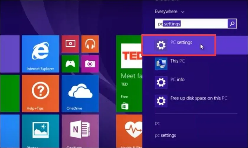 Tìm kiếm PC settings để biết cách mở Bluetooth trên máy tính Win 8.