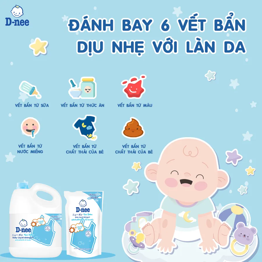 Hình ảnh chai nước giặt Dnee màu xanh lá cây, minh họa lợi ích khi sử dụng nước giặt cho máy giặt cửa trước an toàn