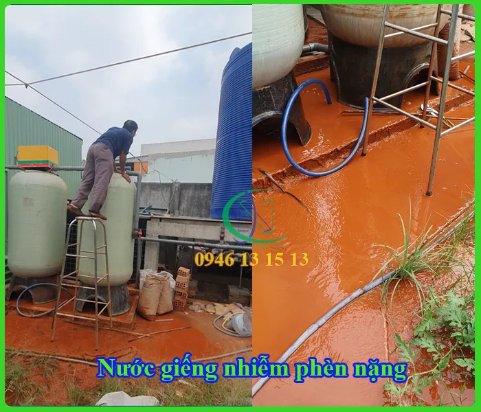 Nước giếng khoan nhiễm phèn nặng trước và sau khi lắp đặt hệ thống lọc
