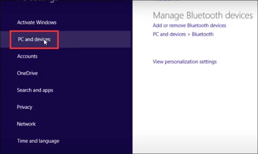 Chọn PC and devices trong cài đặt máy tính để kích hoạt Bluetooth Win 8.