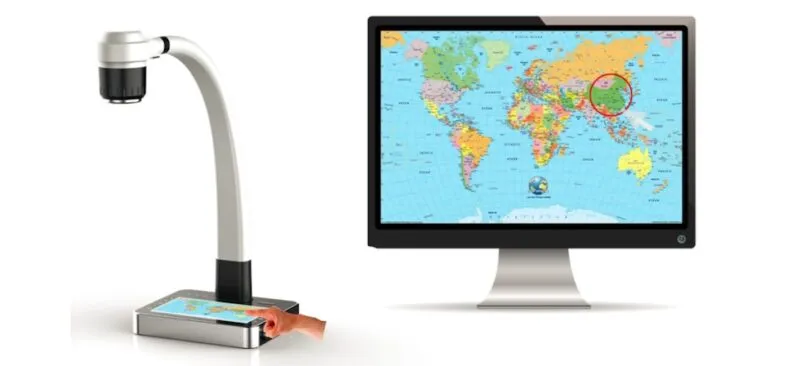 Minh họa một máy chiếu đa vật thể hiện đại đang trình chiếu, làm nổi bật ứng dụng máy chiếu đa vật thể trong các buổi thuyết trình hoặc hội thảo.