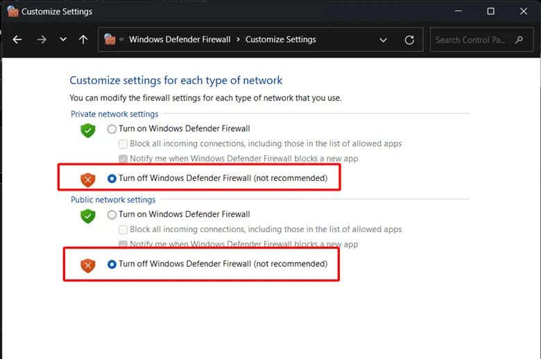 Tạm thời tắt phần mềm diệt virus để kiểm tra kết nối