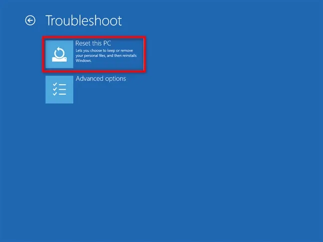 Màn hình &quot;Troubleshoot&quot; với tùy chọn &quot;Reset your PC&quot;