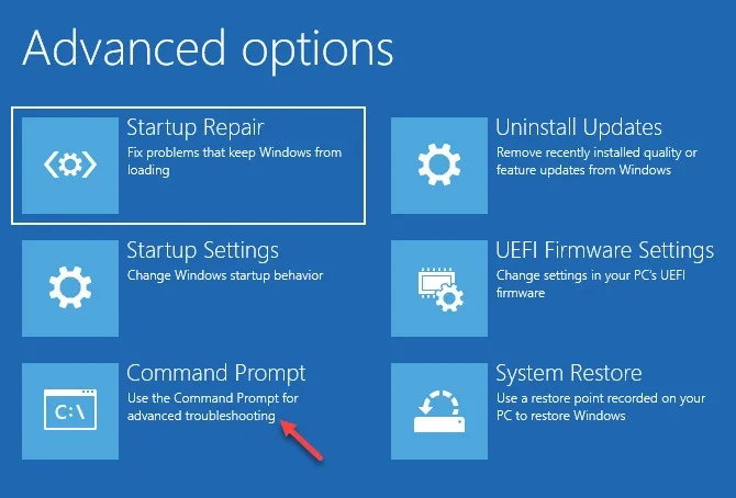 Màn hình &quot;Advanced options&quot; với lựa chọn Command Prompt
