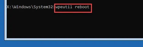 Cửa sổ Command Prompt hiển thị lệnh Wpeutil Restart