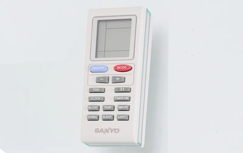 Tổng quan các phím chức năng trên remote máy lạnh Sanyo, bao gồm các nút cơ bản như ON/OFF, MODE, TEMP, FAN và các tính năng nâng cao