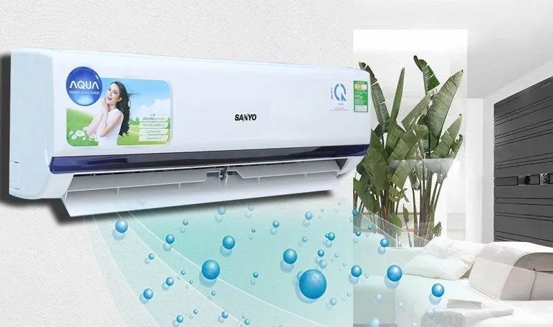 Hình ảnh remote máy lạnh Sanyo với nút SLEEP được nhấn, minh họa cách kích hoạt chế độ ngủ để tối ưu sự thoải mái và tiết kiệm năng lượng