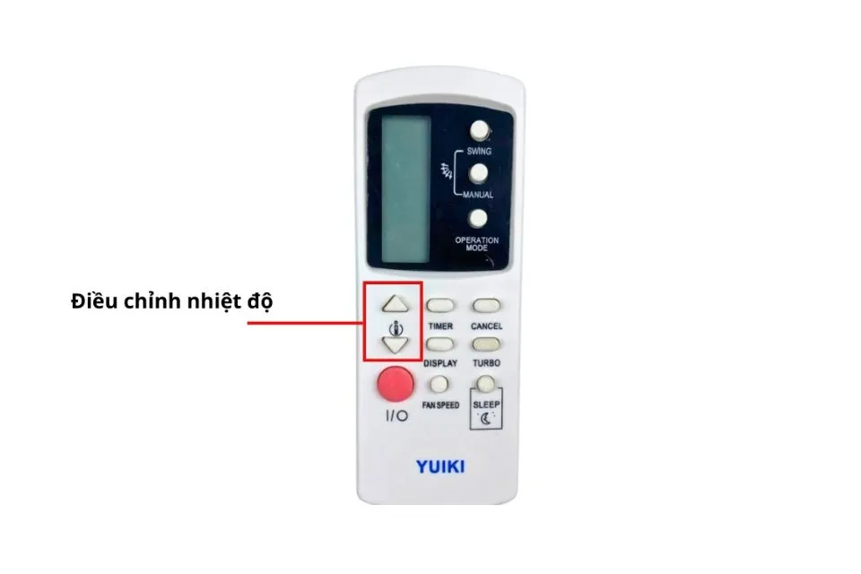 Hình ảnh cận cảnh nút TEMP (+/-) trên remote máy lạnh Yuiki, minh họa cách điều chỉnh nhiệt độ khi sử dụng remote máy lạnh Yuiki.