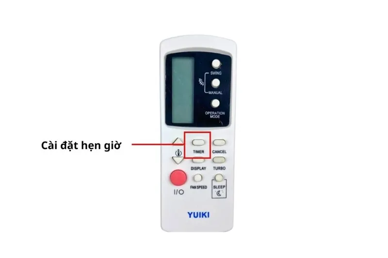 Màn hình remote máy lạnh Yuiki hiển thị biểu tượng TIMER, minh họa việc cài đặt hẹn giờ bật/tắt trong quá trình sử dụng remote máy lạnh Yuiki.