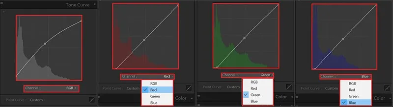 Chọn kênh màu trong hệ RGB để điều chỉnh thông số Tone Curve